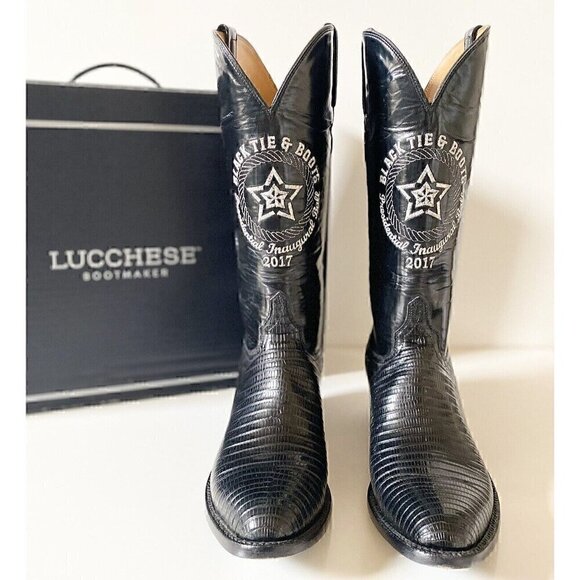 Lucchese Exotic Lizard Boots Mens 9.5 B Black Embroidered Black Tie & Boots Ball - Picture 1 of 16